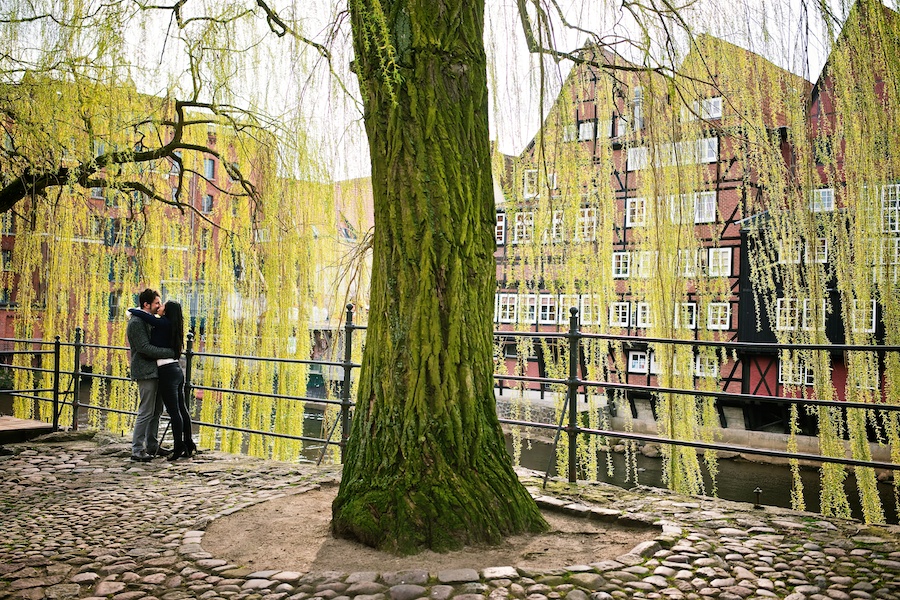 Verlobungspärchen unter einer Weide am lüneburger Stintmarkt